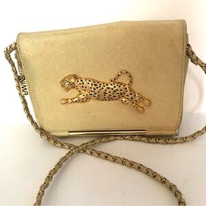 Vintage! Stylish Gold Crossbody Bag with Leopard Detail